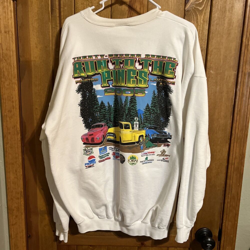 Vintage 2005 Pinetop Run To The Pines Graphic Car Show White Sweatshirt - XL - Picture 1 of 6
